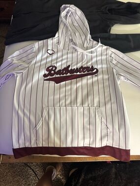Badbusters White & Maroon Striped Hoodie